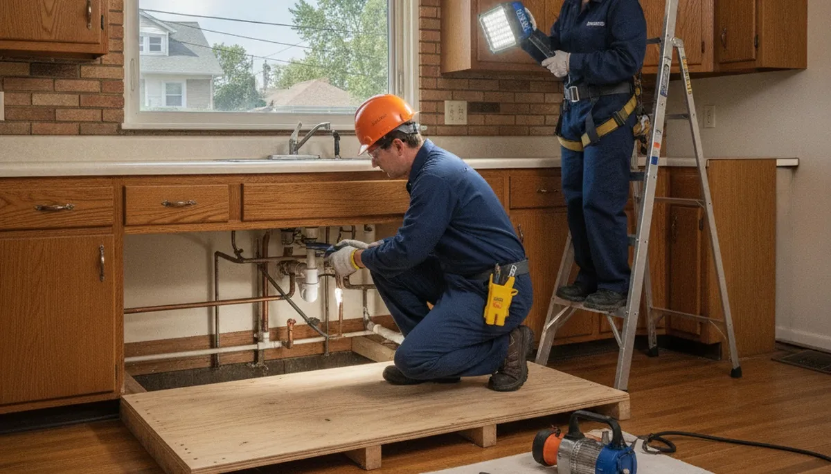 Naperville, IL plumbing repair technician servicing a residential pipe leak