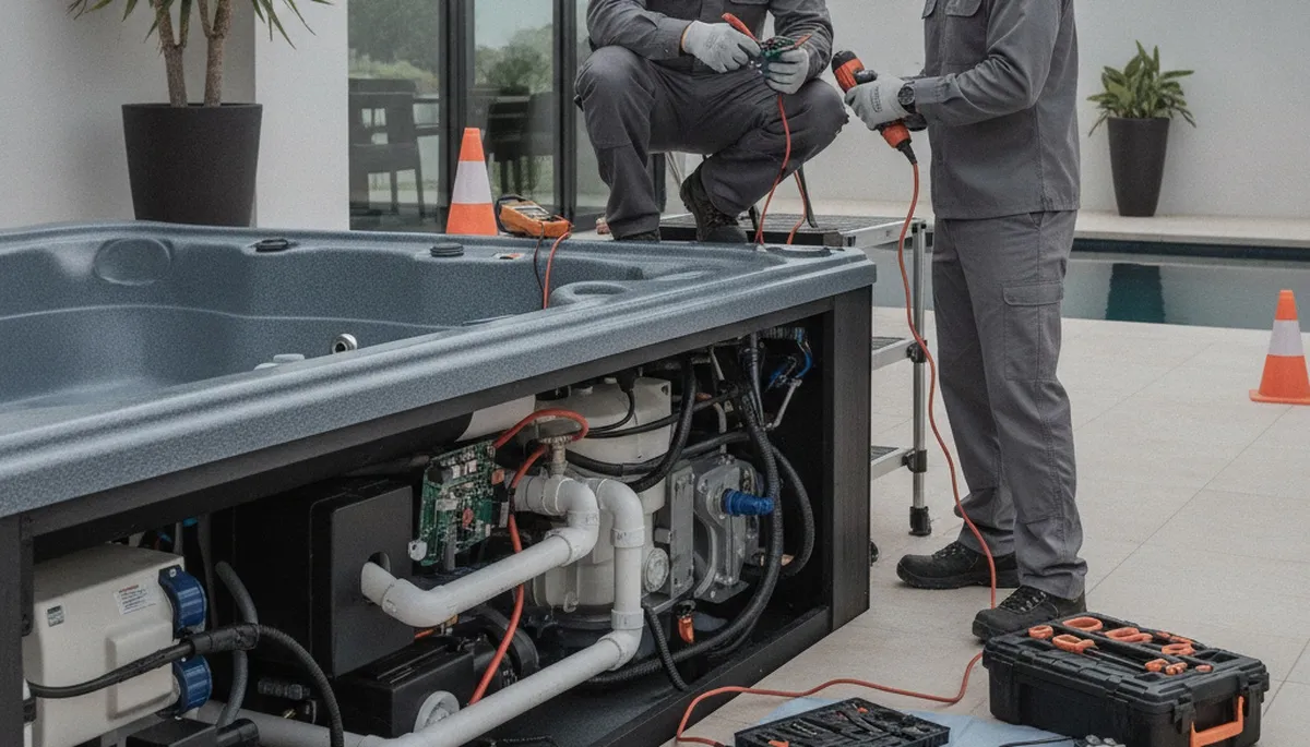 Spa repair technician servicing a home spa in Naperville, IL for year-round performance