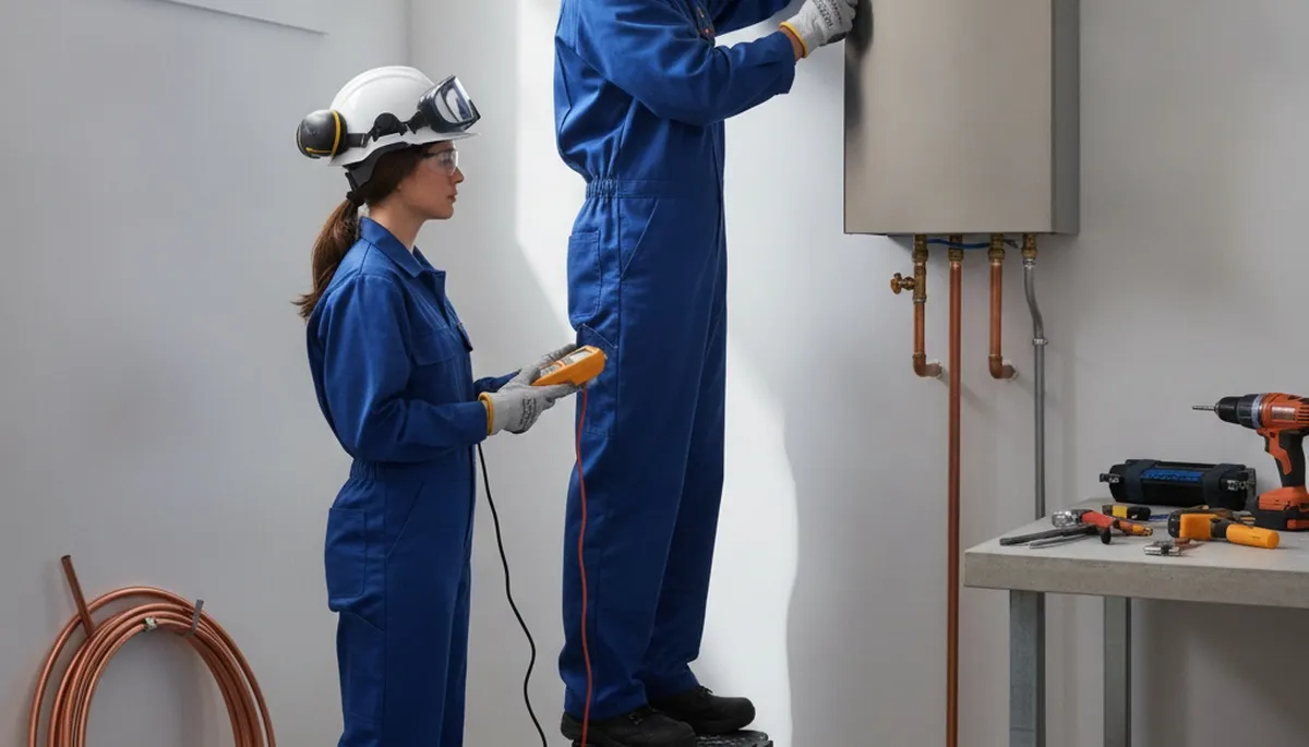 Naperville, IL plumber installing tankless water heater for efficient home hot water service